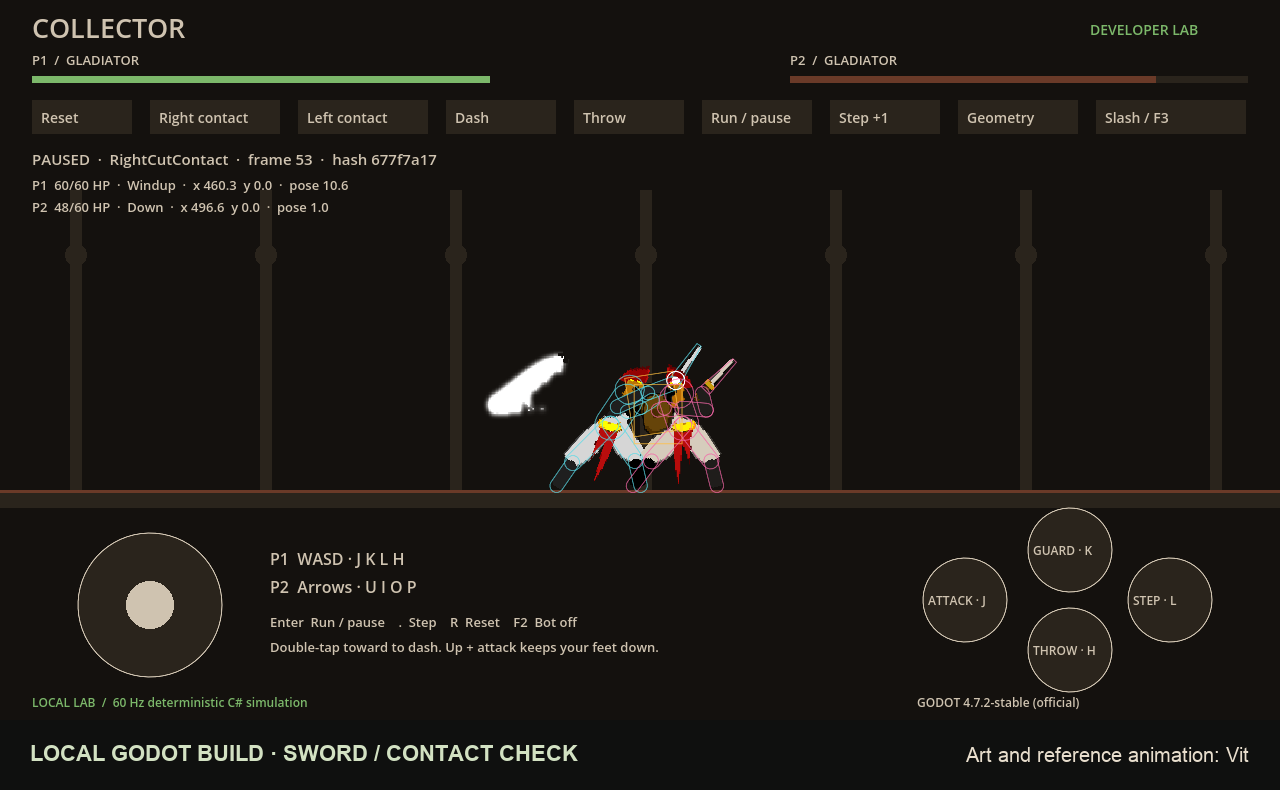 Collector running in Godot with the Gladiator sword, white slash artwork, and combat contact geometry aligned during an attack.