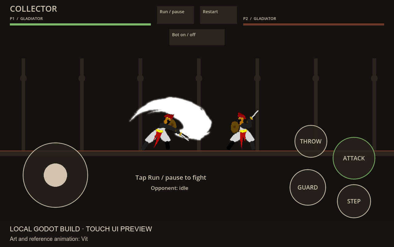 Collector running in the local Godot touch layout, with a large joystick, four action buttons, two Gladiator fighters, and Vit’s white sword slash.